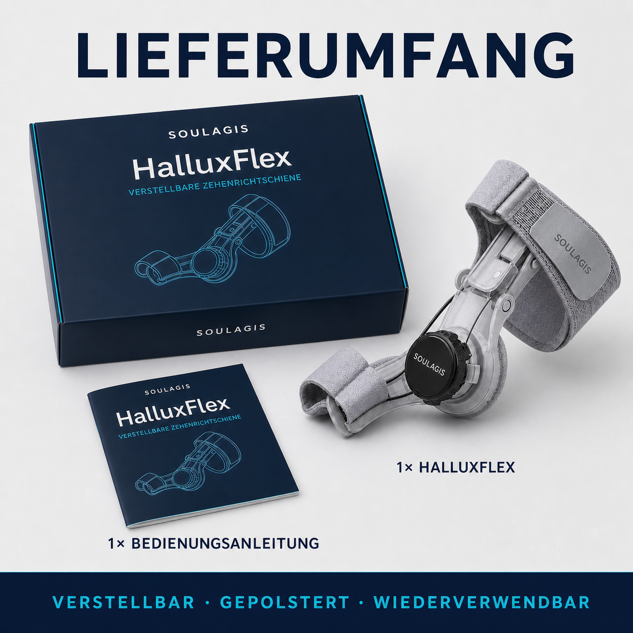 HalluxFlex Lieferumfang mit Bedienungsanleitung