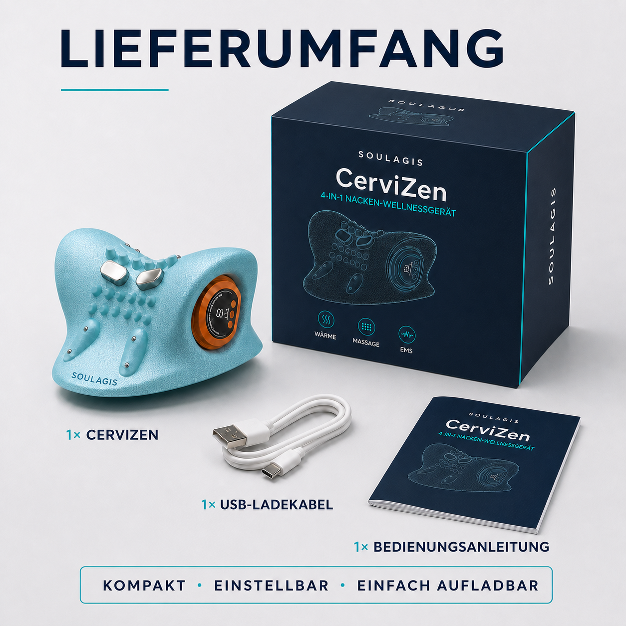 CerviZen Lieferumfang mit USB-Ladekabel und Bedienungsanleitung