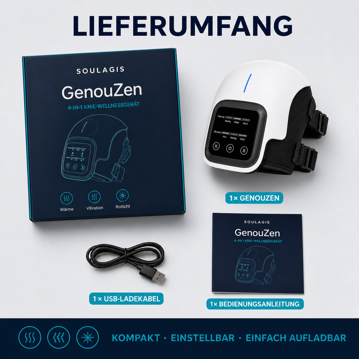 GenouZen Lieferumfang mit USB-Ladekabel und Bedienungsanleitung
