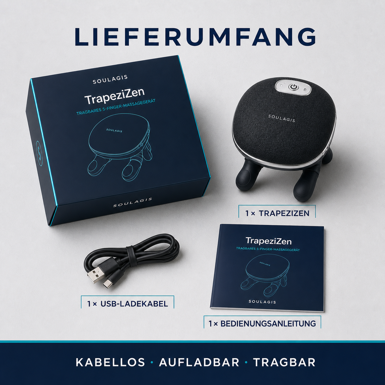 TrapeziZen Lieferumfang mit USB-Ladekabel und Bedienungsanleitung