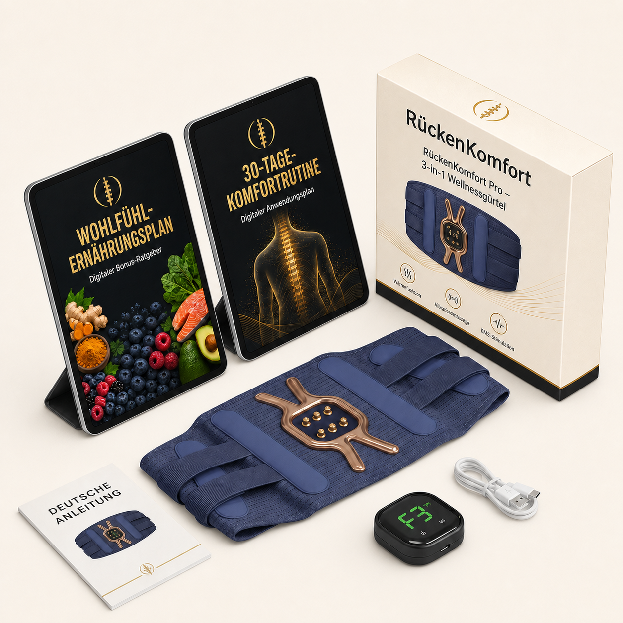 RückenKomfort Pro Komplettset mit Verpackung, zwei Bonus-Ratgebern, deutscher Anleitung, Ladekabel und Bedienelement